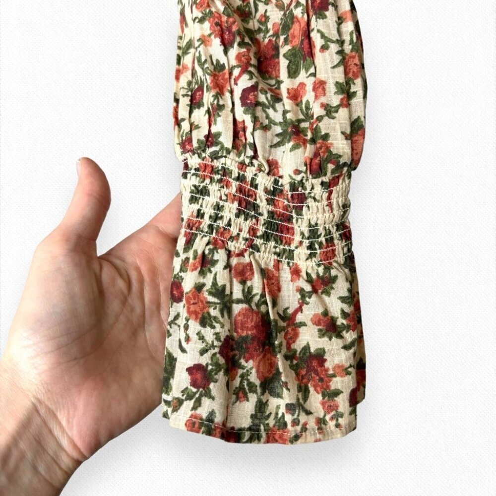Floral Tie-Neck Puff Sleeve Blouse - Cream & Rust - Picture 6 of 12